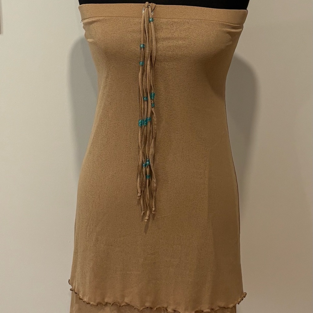 Strapless Tan Dress with Beaded Tassels